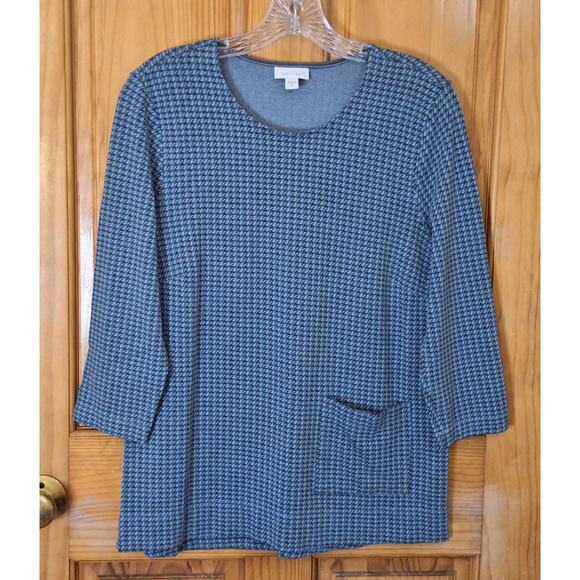 J. Jill Ponte Shirt Women's Medium Blue Gray Houndstooth Classic Preppy Office - Picture 1 of 8